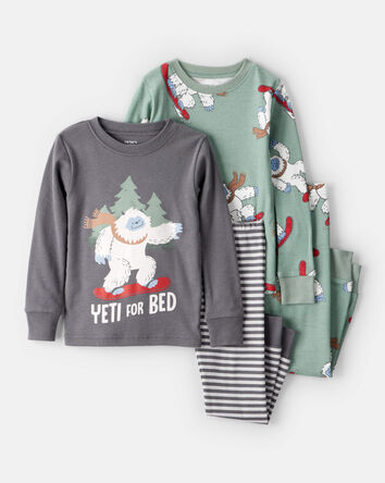 Baby Boy Yeti Print 100% Cotton Long-Sleeve Snug Fit 4-Piece Pajamas - Green/Grey, 
