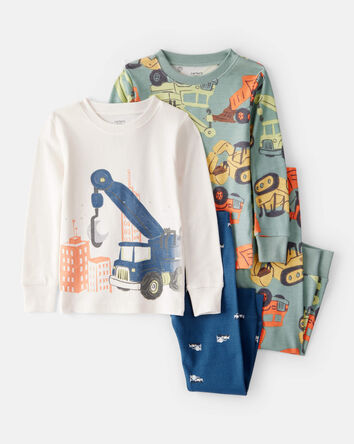 Toddler Boy Construction Print 100% Cotton Long-Sleeve 4-Piece Pajamas - Blue/Navy/White, 