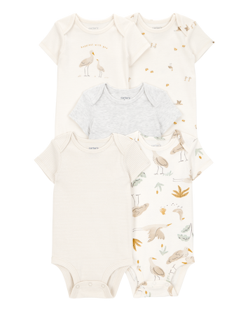 Baby 5-Pack Striped Birds Short-Sleeve Cotton Bodysuits, 