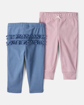Baby Girl 2-Pack 100% Cotton Pull-On Pants - Blue/Pink, 