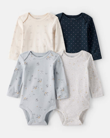 Baby Girl 4-Pack Unicorn, Heart, Star Print Long-Sleeve Multipack Bodysuits - Navy Blue/White, 
