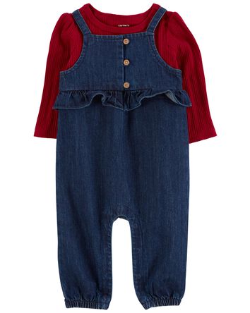 Baby 2-Piece Long-Sleeve Tee & Denim Jumpsuit Set, 