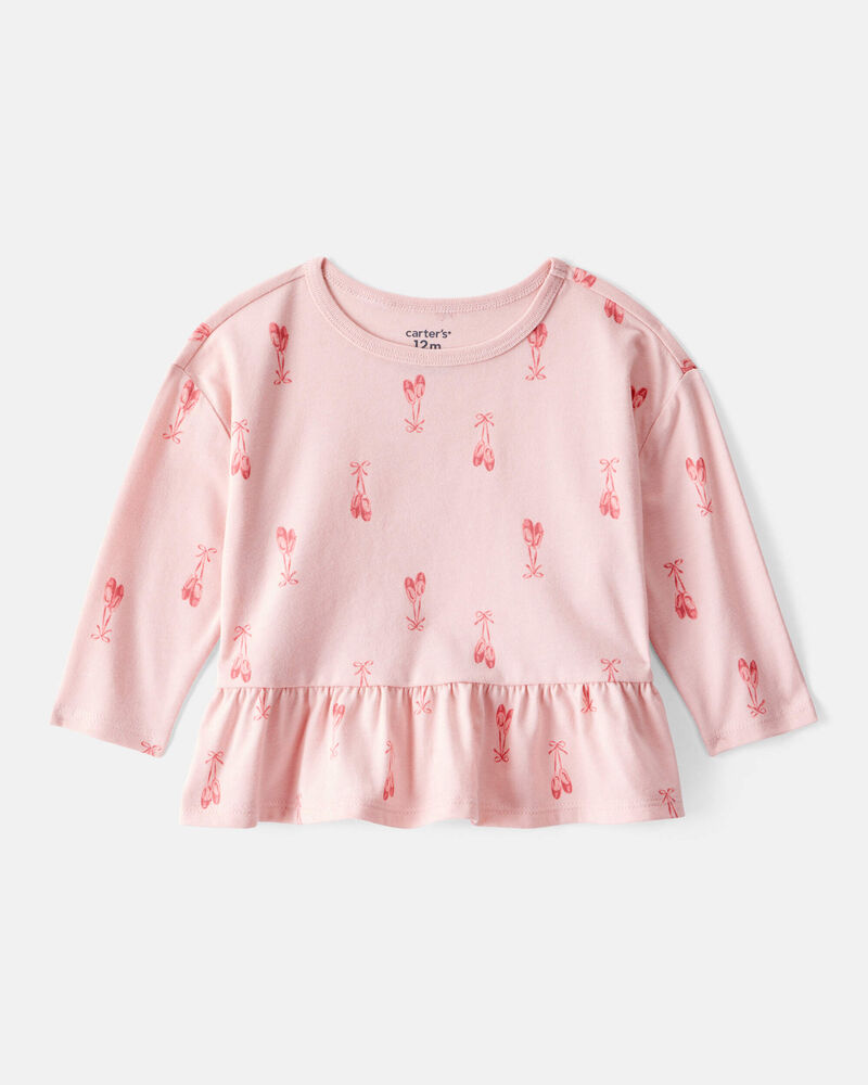 Baby Girl Ballet Slippers Long-Sleeve Peplum Top - Pink, image 1 of 3 slides