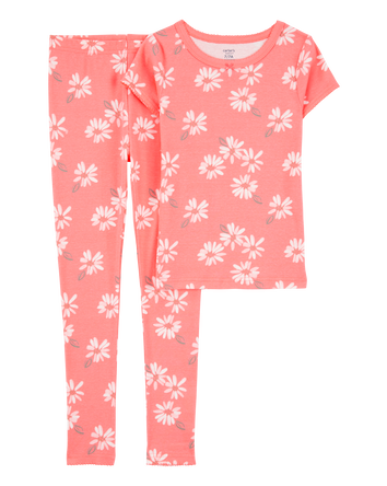 Girls 2-Piece Floral Print 100% Snug Fit Cotton Pajamas - Coral, 