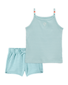 Toddler 2-Piece Floral Ribbed Tank Top & Pom Pom Dolphin Shorts Set - Turquoise, image 1 of 7 slides