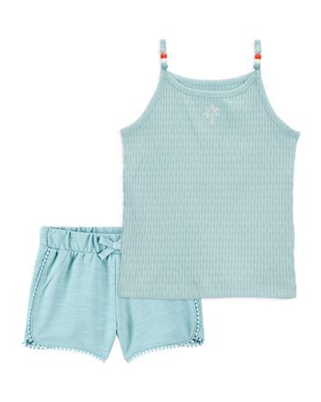 Toddler 2-Piece Floral Ribbed Tank Top & Pom Pom Dolphin Shorts Set - Turquoise, 