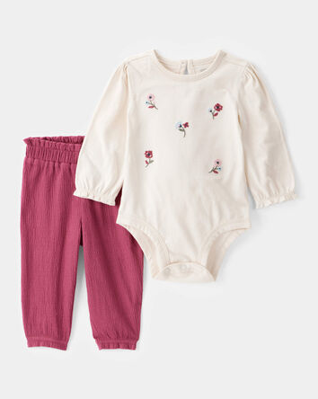 Baby 2-Piece Floral Long-Sleeve Bodysuit Pant Set - White/Pink, 