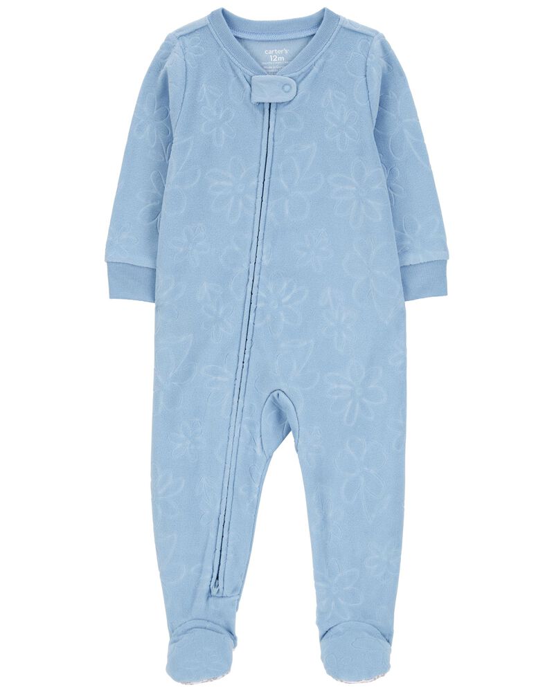 Blue Toddler 1Piece Floral Burn Out Fleece Footie Pajamas
