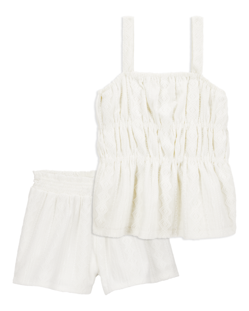 Kid 2-Piece Ruched Textured Tank & Pull-On Smocked Shorts Set -  Cream, image 1 of 6 slides