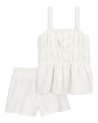Kid 2-Piece Ruched Textured Tank & Pull-On Smocked Shorts Set -  Cream, image 1 of 6 slides