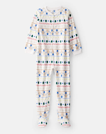Kid Snowman Fair Isle Fleece Long-Sleeve Loose Fit 1-Piece Pajamas - White, 