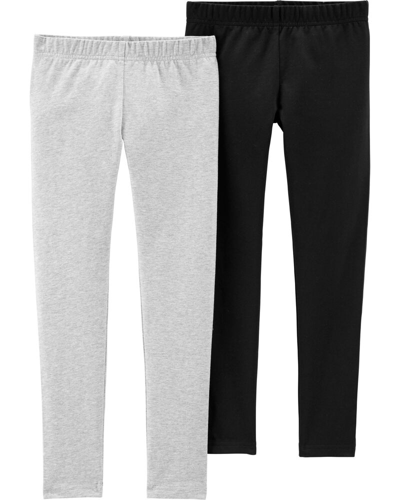 Kid 2-Pack Heather Grey & Black Cotton Stretch Leggings, image 1 of 3 slides