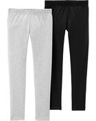 Kid 2-Pack Heather Grey & Black Cotton Stretch Leggings, image 1 of 3 slides