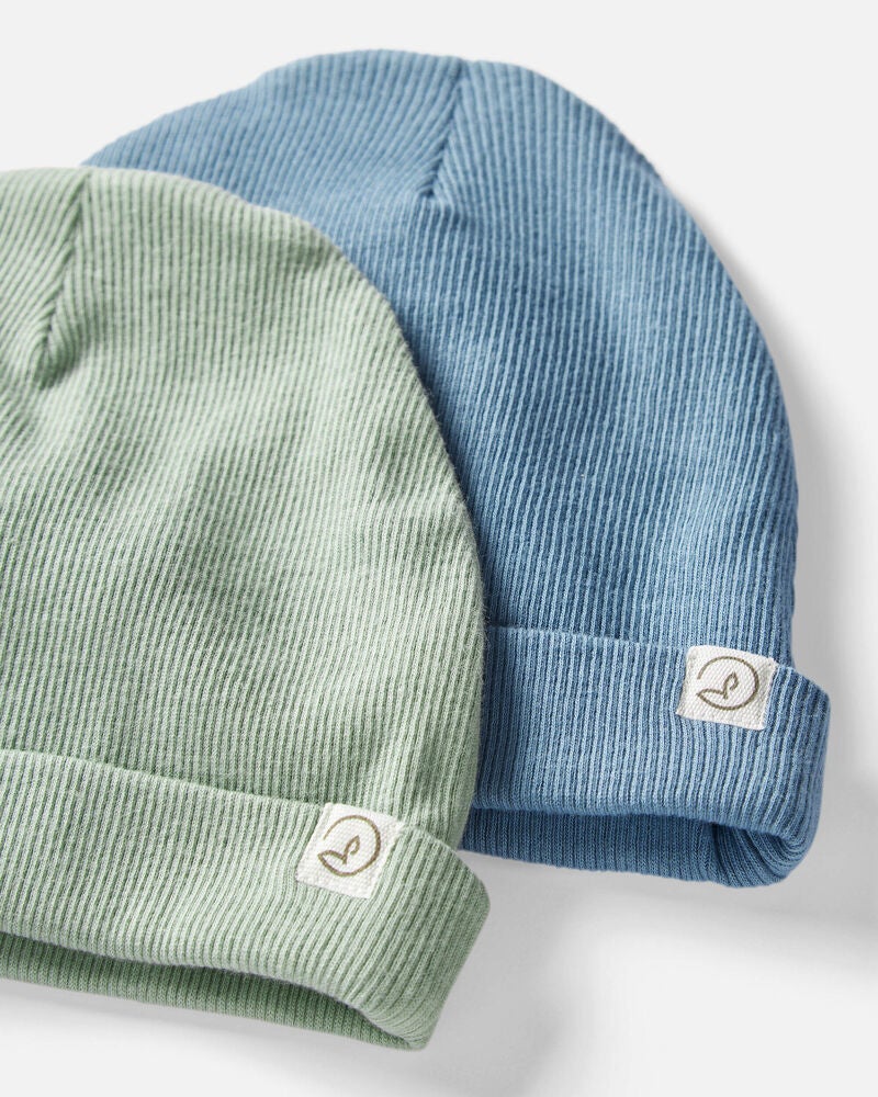 Baby 2-Pack Organic Cotton Rib Caps - Juniper Moss, Blue, image 2 of 4 slides