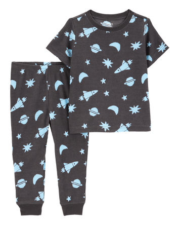 Toddler Boy Space Print Loose Fit Waffle Knit 2-Piece Pajamas - Navy, 
