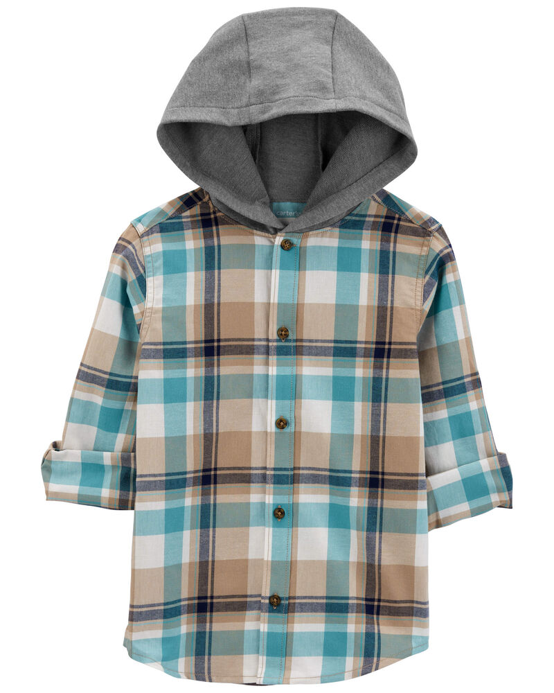 Kid Plaid Hooded Button-Front Shirt, image 1 of 4 slides