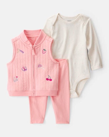 Baby 3-Piece Fruit Embroidered Little Vest Set - Pink/Ivory, 