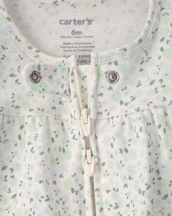 Baby Girl Floral 2-Way Zip 100% Cotton Sleep & Play Pajama - Green/Ivory, 