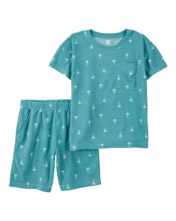 Boys Palm Tree Print Loose Fit Waffle Knit 2-Piece Pajamas - Turquoise, 