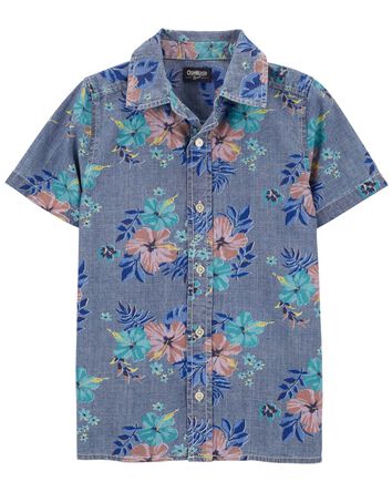 Kid Hawaiian Print Chambray Button-Front Shirt, 