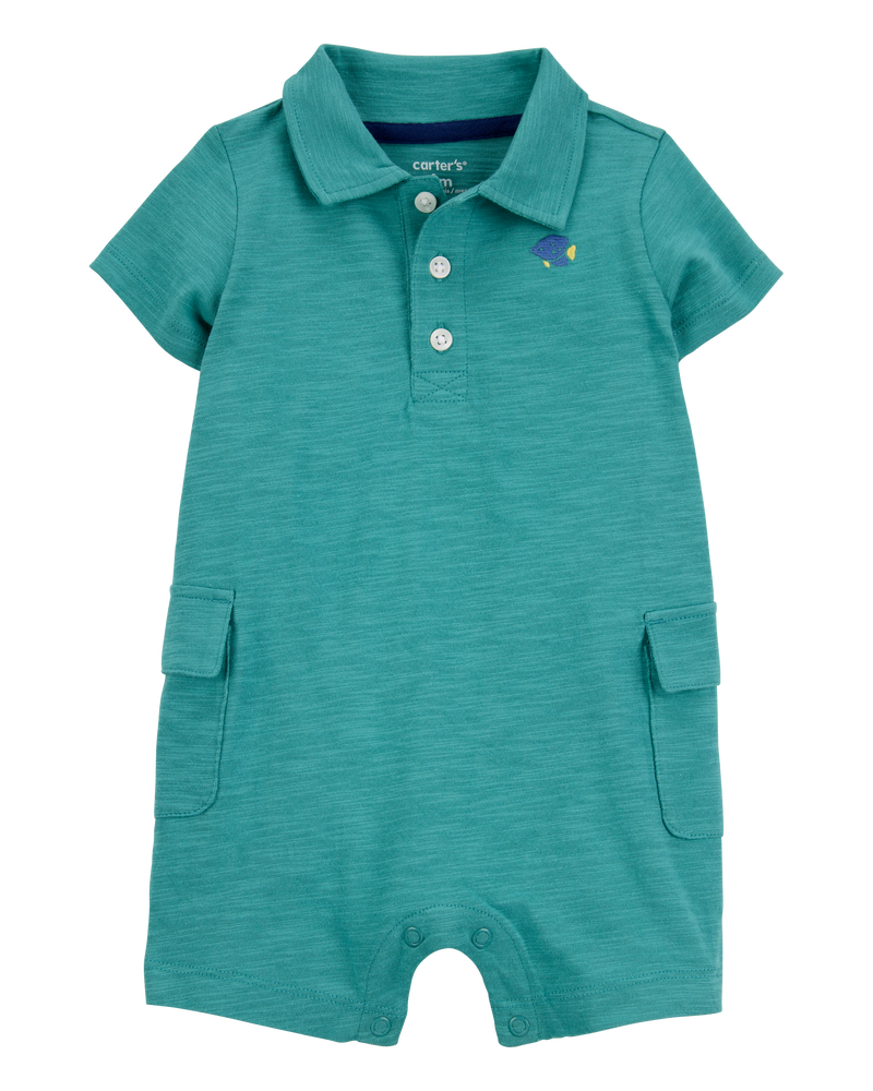 Baby Polo Cotton Romper -Green, image 1 of 4 slides