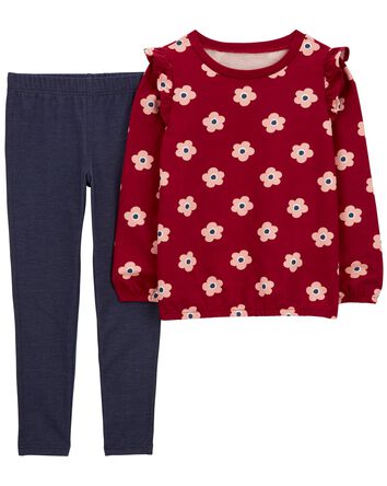 Kid 2-Piece Floral Top & Knit Denim Leggings, 