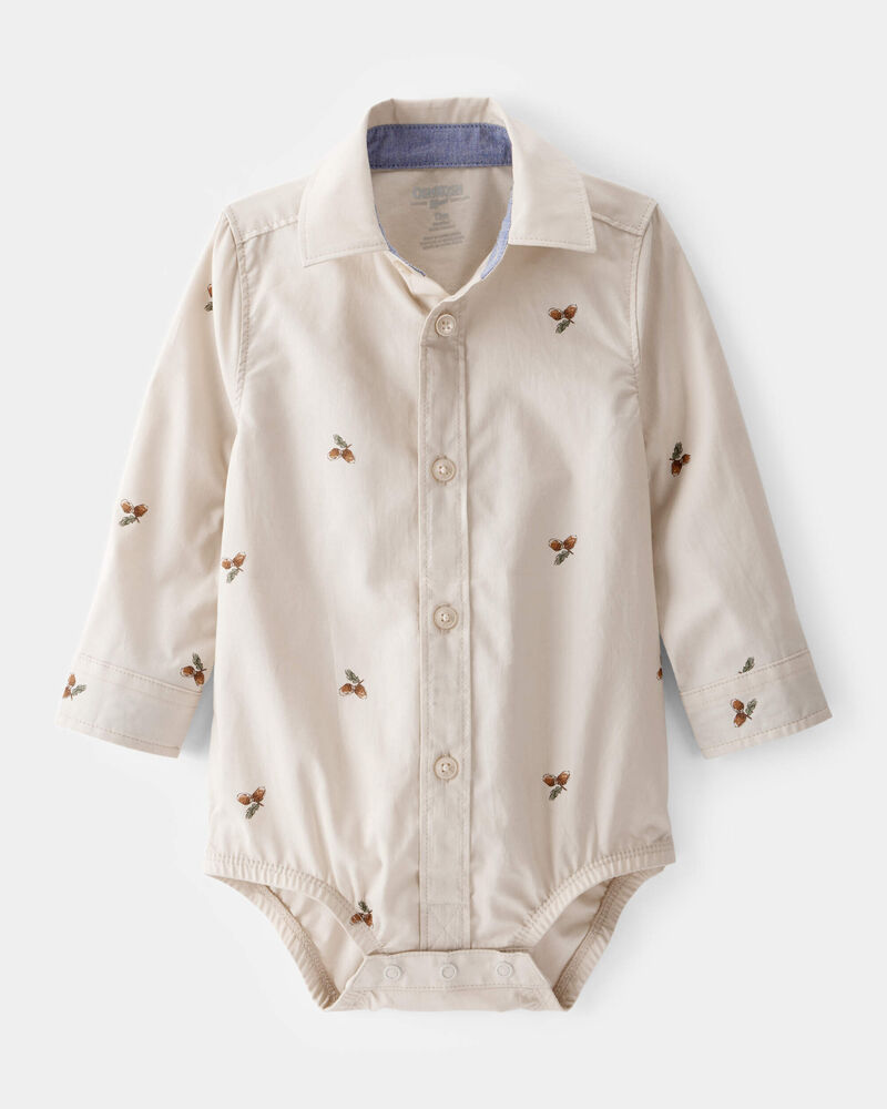 Baby Poplin Acorn Print Long-Sleeve Bodysuit - Khaki, image 1 of 4 slides
