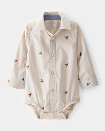 Baby Poplin Acorn Print Long-Sleeve Bodysuit - Khaki, 