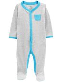 Grey/Blue - Baby Striped Snap-Up Thermal Sleep & Play Pajamas