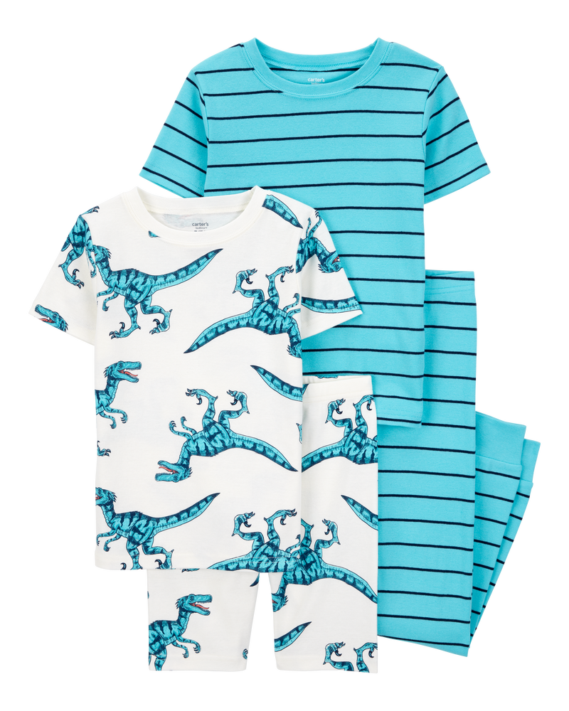 Kid 4-Piece Striped Dinosaur 100% Snug Fit Cotton Pajamas - Turquoise, image 1 of 4 slides