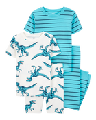 Kid 4-Piece Striped Dinosaur 100% Snug Fit Cotton Pajamas - Turquoise, image 1 of 4 slides