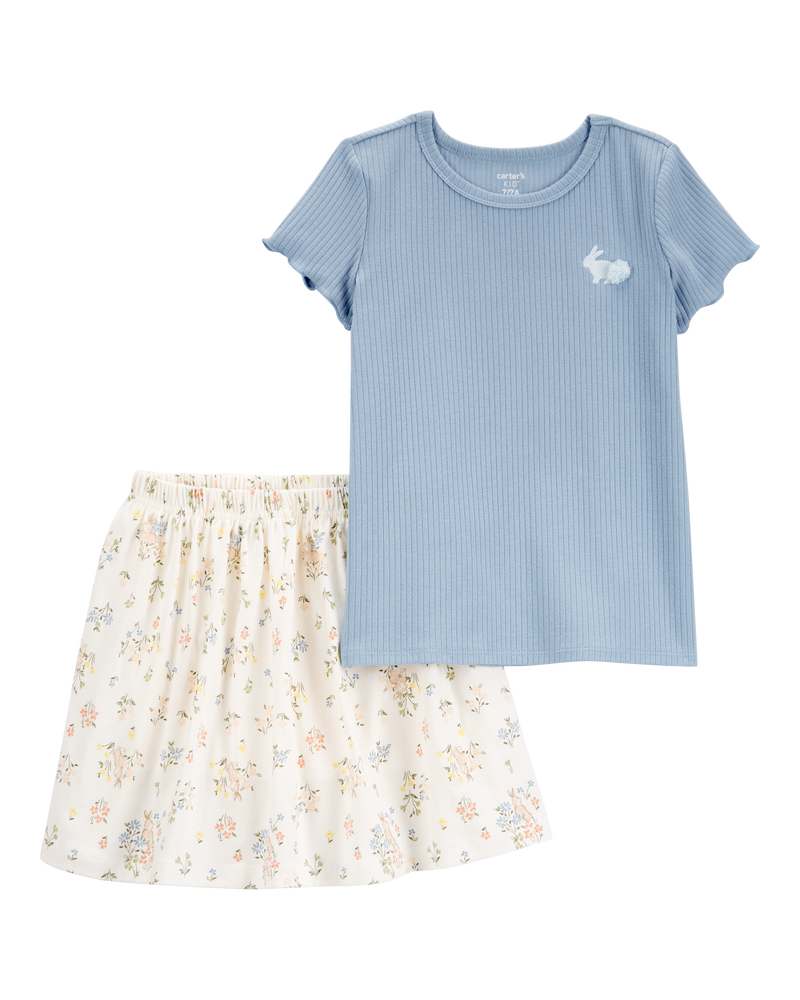 Kid 2-Piece Bunny Floral Skort Outfit Set - Blue/Ivory, image 1 of 4 slides