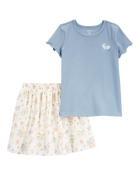 Kid 2-Piece Bunny Floral Skort Outfit Set - Blue/Ivory, image 1 of 4 slides