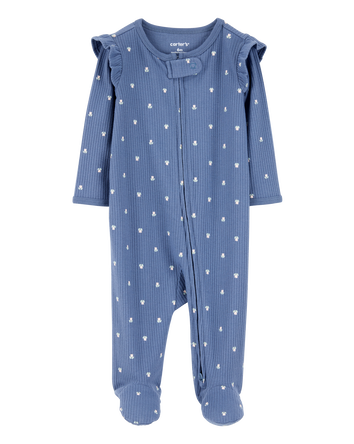 Baby Girl Mini Floral 2-Way Zip Ribbed Sleep & Play Pajamas - Blue, 