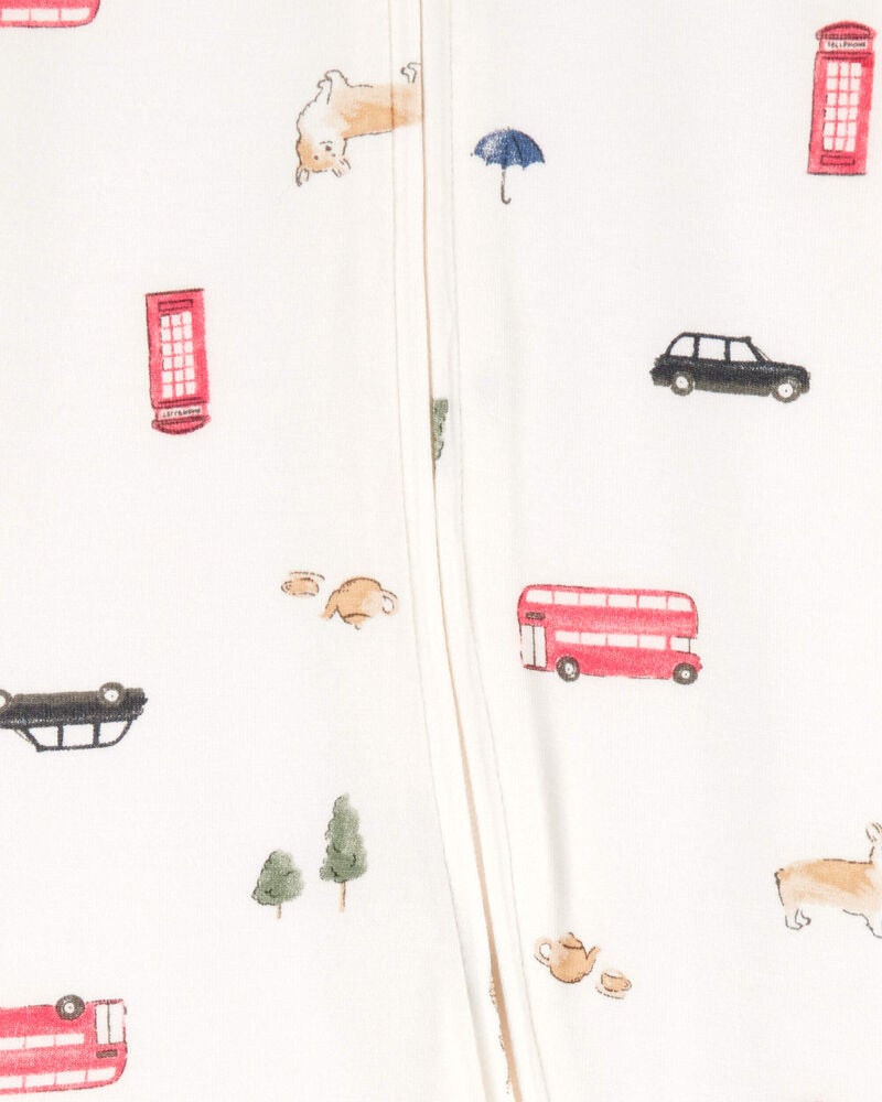 Baby London Print 2-Way Zip PurelySoft Sleep & Play Pajamas - Ivory, image 4 of 6 slides