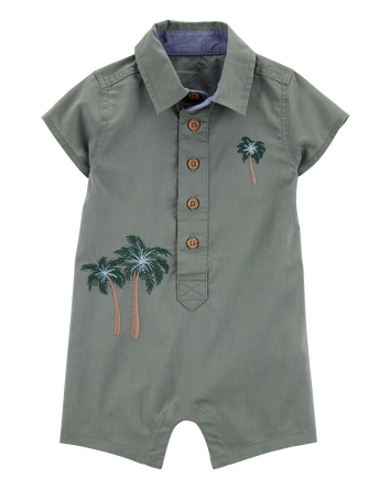Baby  Palm Tree Print Button-Front Romper-Green, 