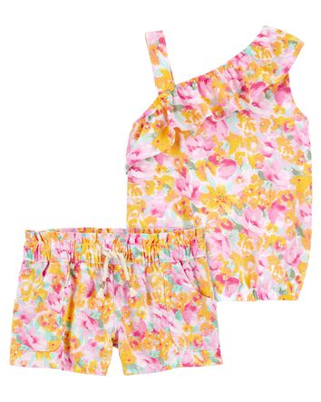 Baby 2-Piece Floral Print Asymmetrical Top & Paperbag Twill Shorts Set, 
