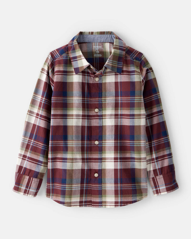 Boys Plaid Cotton Long-Sleeve Button-Down Shirt - Burgundy, image 1 of 3 slides