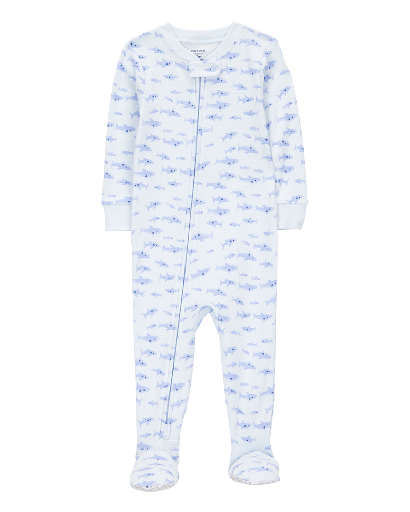 Baby Boy 1-Piece Shark Print 100% Snug Fit Cotton Footie Pajamas - Blue, image 1 of 3 slides