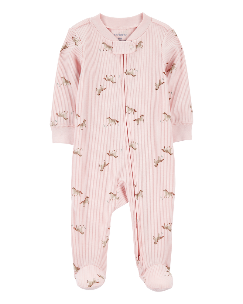 Baby Girl Horse Print 2-Way Zip Ribbed Sleep & Play Pajamas - Pink, image 1 of 3 slides