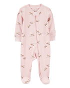 Baby Girl Horse Print 2-Way Zip Ribbed Sleep & Play Pajamas - Pink, image 1 of 3 slides