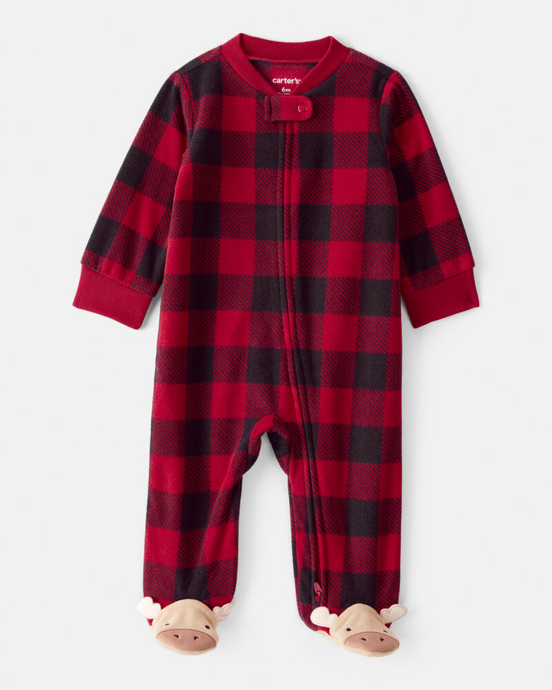 Baby Plaid Print Reindeer Christmas Loose Fit Long-Sleeve Sleep & Play - Red, image 1 of 5 slides