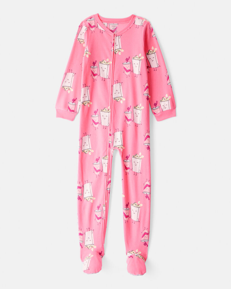 Girls Movie Print Fleece Long-Sleeve Zip-Up 1-Piece Pajamas - Pink, image 1 of 3 slides