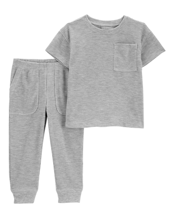 Toddler Boy Solid Loose Fit Waffle Knit 2-Piece Pajamas - Grey, 