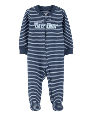 Baby Boy Striped Little Bro 2-Way Zip Cotton Sleep & Play Pajamas - Blue, 