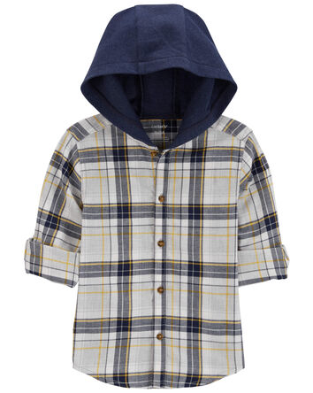 Baby Plaid Hooded Button-Down Shirt, 