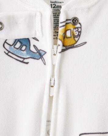 Toddler Boy Helicopter Print Loose Fit Long-Sleeve 2-Way Zip 1-Piece Pajamas - White, 