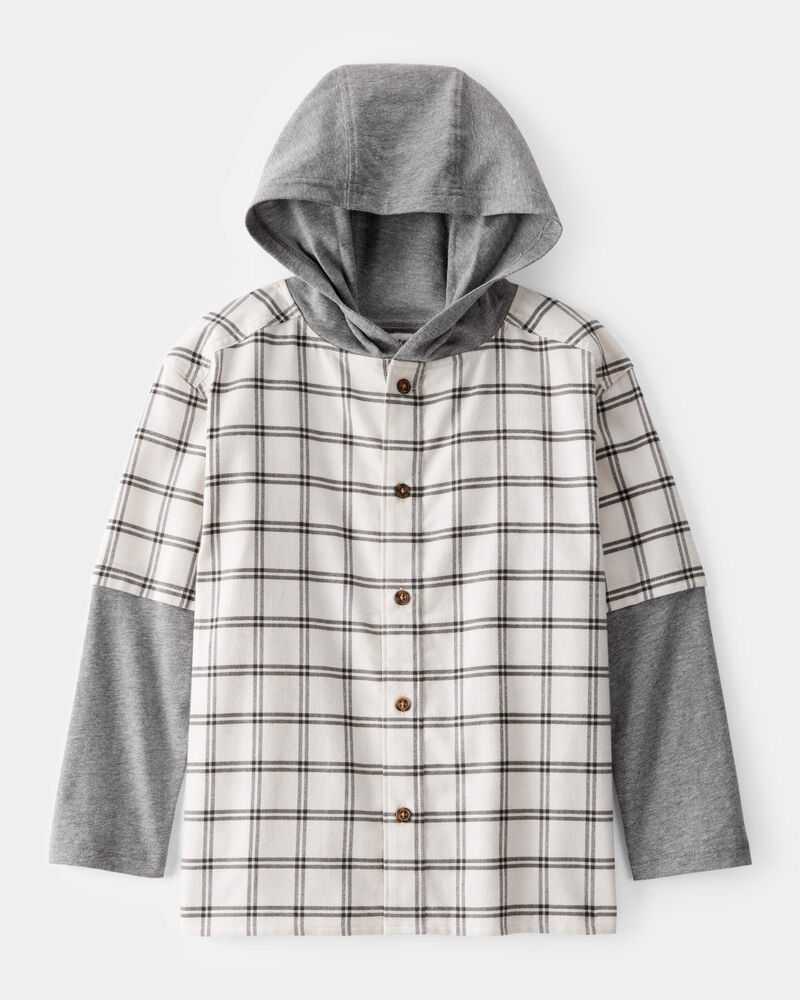 Boys Plaid Layered-Look Button-Down Hooded Tee - Grey, image 1 of 3 slides