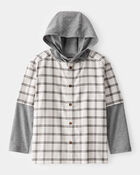 Boys Plaid Layered-Look Button-Down Hooded Tee - Grey, image 1 of 3 slides