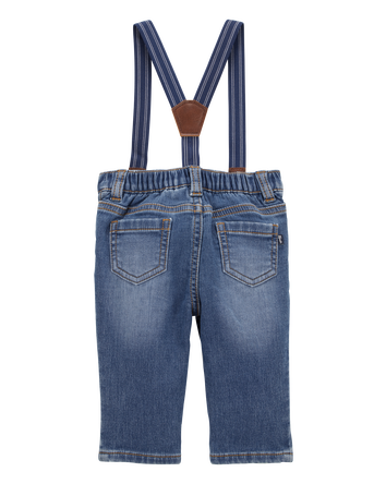 Baby Knit-Denim Suspender Pants - Blue, 
